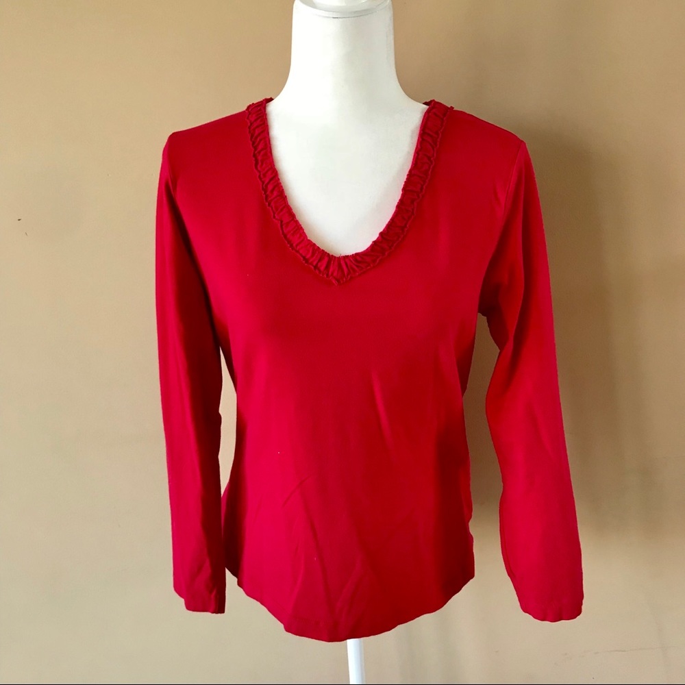 Soft sensations  women’s long sleeve red ruffle v-neck shirt t-shirt, M 10-12
